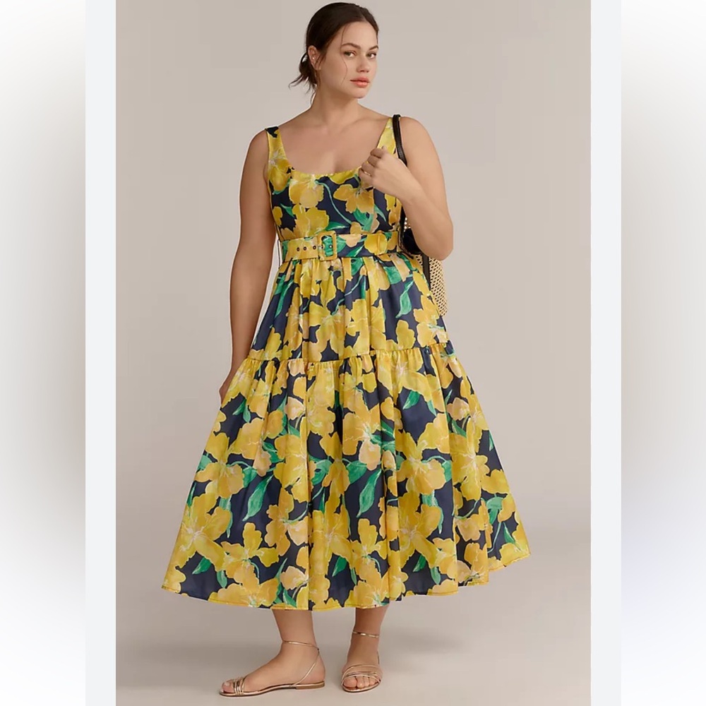 NEW Anthropologie HUTCH Yellow and Blue Floral Smocked back belted Midi Sundress